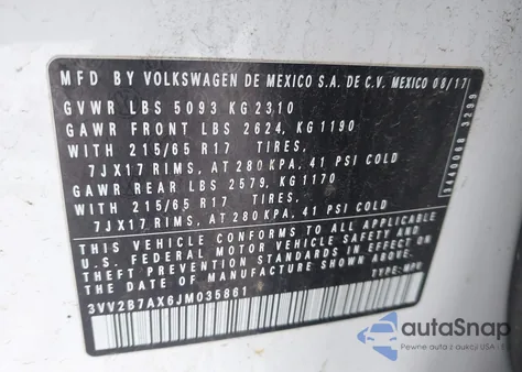 2018 Volkswagen Tiguan 2.0T Se/2.0T Sel z USA, uszkodzony, nr VIN 3VV2B7AX6JM035861